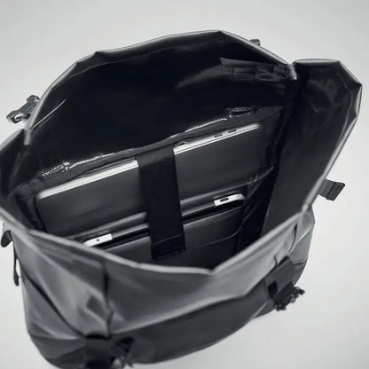 Rucsac rolltop prelata 50c negru cu cusături întărite și compartimente căptușite pentru laptop