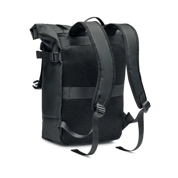 Rucsac rolltop prelata 50c negru cu panouri din plasa si bretele reglabile, vedere din spate