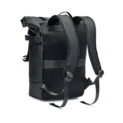 Rucsac rolltop prelata 50c negru cu panouri din plasa si bretele reglabile, vedere din spate