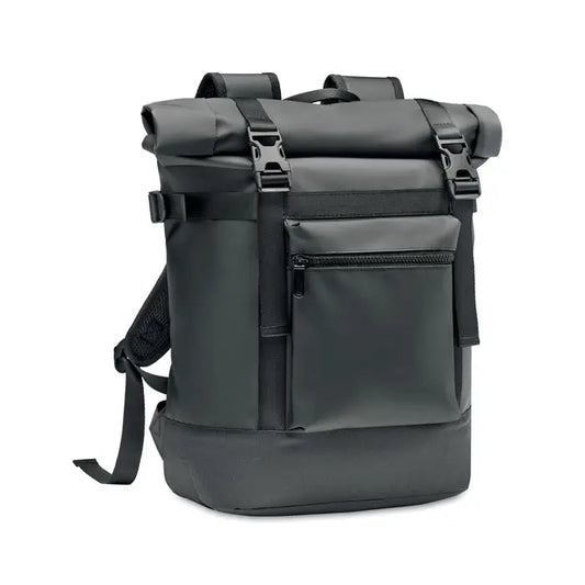 Rucsac rolltop prelata 50c negru cu material durabil si bretele reglabile aratat din spate