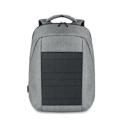 Rucsac solar gri cu textură și panou solar negru pe față pentru încărcare ecologică în mișcare