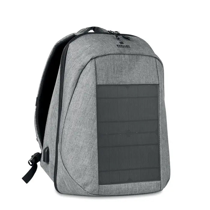 Rucsac solar gri texturat cu panou solar negru pe față și logo discret evalley