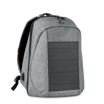 Rucsac solar gri texturat cu panou solar negru pe față și logo discret evalley