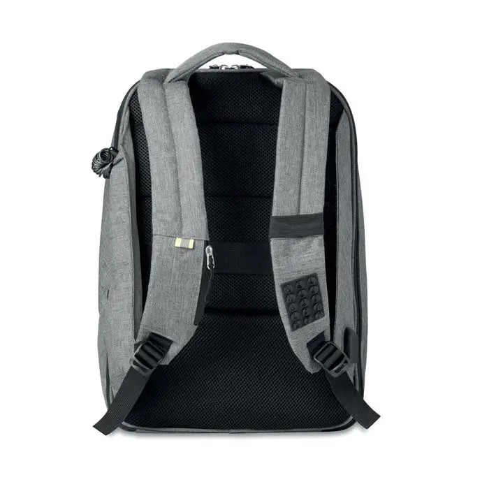 Rucsac solar gri texturat pentru laptop cu captuseala neagra din plasa si bretele ajustabile la spate