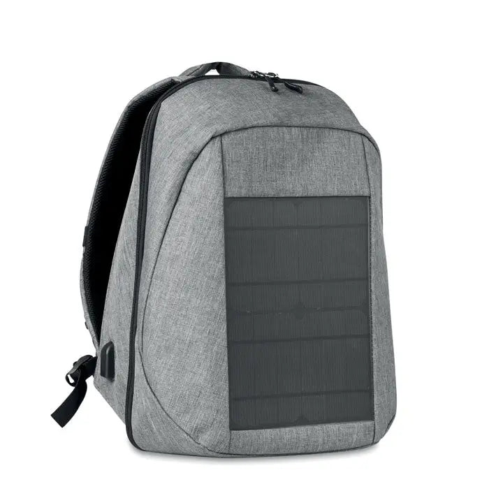 Rucsac solar gri din material texturat cu panou solar negru pe partea din față