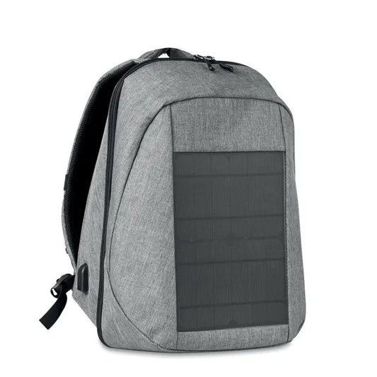 Rucsac solar gri din material texturat cu panou solar negru pe partea din față