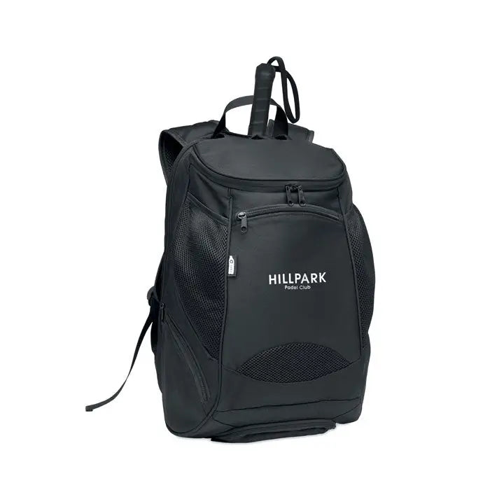 Rucsac sport 600d rpet negru black hillpark padel club cu panouri laterale din plasa si buzunar frontal cu fermoar