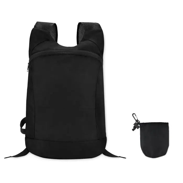 Rucsac sport negru din nylon ripstop cu bretele din plasă și pouch compact asortat