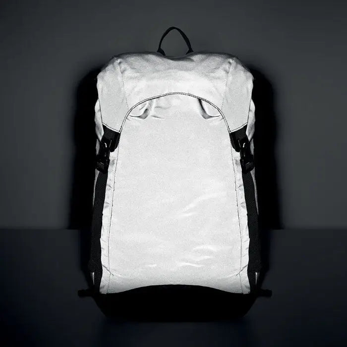 Rucsac stralucitor 190T alb lucios cu bretele si catarame negre din material reflectorizant pentru vizibilitate nocturna