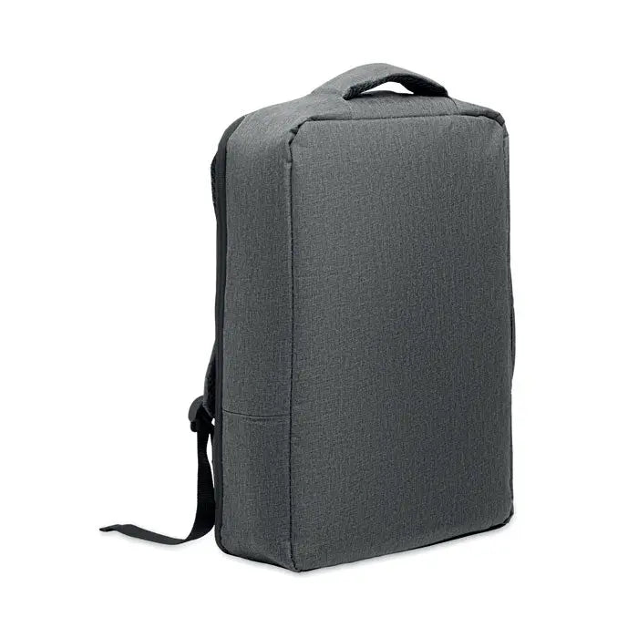 Rucsac subtire pentru laptop de 15 inchi din material texturat gri inchis cu bretele negre si maner superior