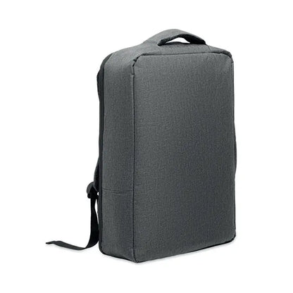 Rucsac subtire pentru laptop de 15 inchi din material texturat gri inchis cu bretele negre si maner superior