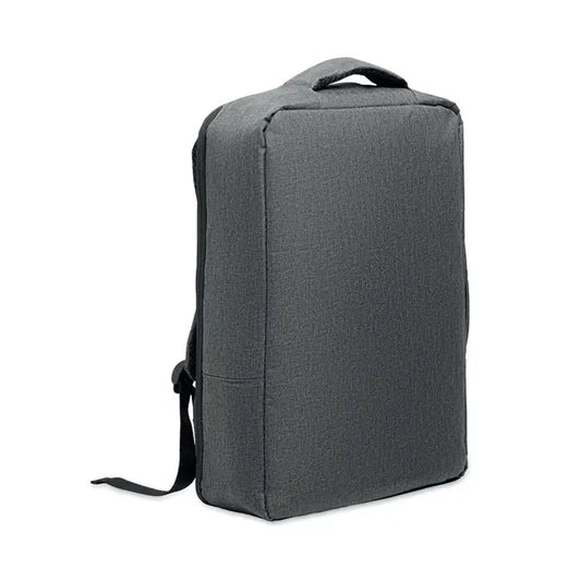 Rucsac subtire pentru laptop de 15 inchi din material texturat gri inchis cu bretele negre si maner superior