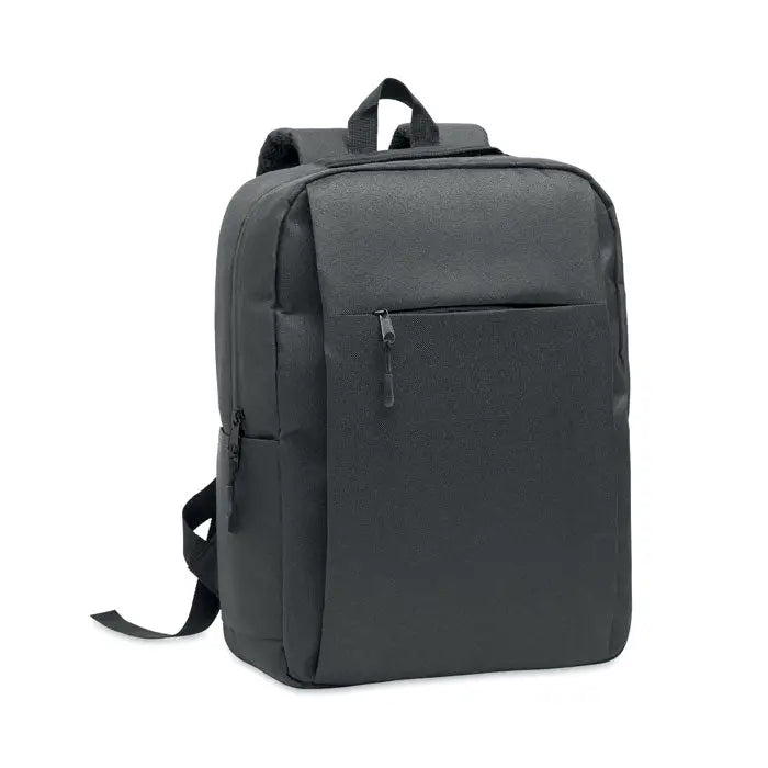 Rucsac subtire negru din material textil pentru laptop de 15 inchi cu buzunar frontal cu fermoar si bretele reglabile