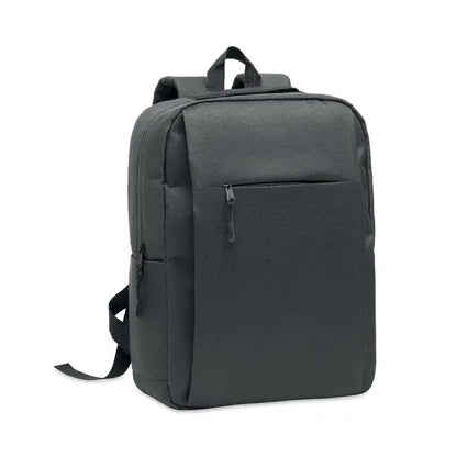 Rucsac subtire negru din material textil pentru laptop de 15 inchi cu buzunar frontal cu fermoar si bretele reglabile