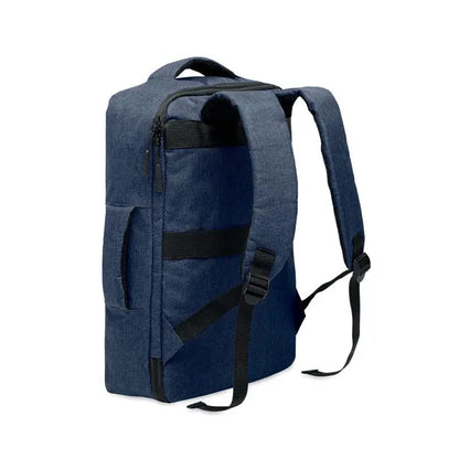 Rucsac subtire pentru laptop de 15 inchi albastru din denim cu bretele si fermoare negre