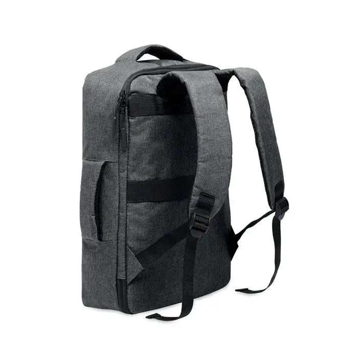 Rucsac subtire pentru laptop de 15 inchi din material texturat gri cu fermoare si bretele negre