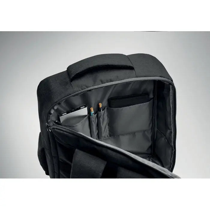 Rucsac subtire pentru laptop de 15 inchi negru din material textil cu compartimente interioare pentru tableta si pixuri