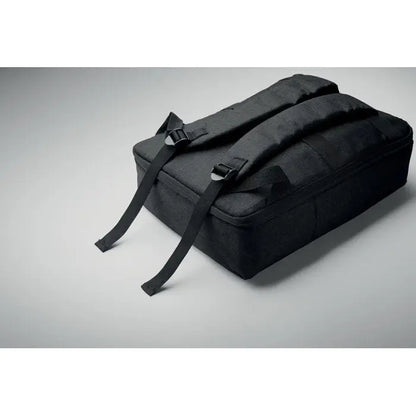 Rucsac subtire negru pentru laptop de 15 inchi cu bretele captusite si catarame reglabile vazut pe partea din spate