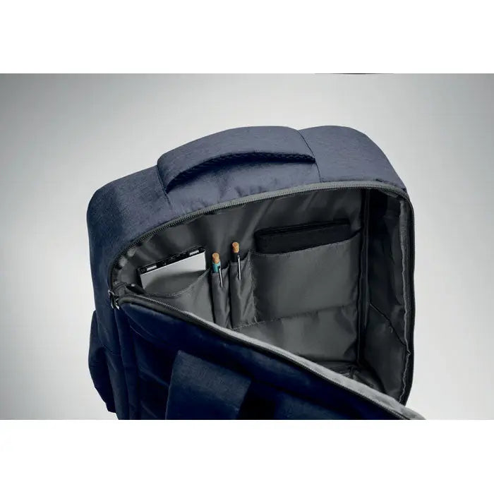 Rucsac subtire pentru laptop de 15 inchi din material texturat bleumarin cu buzunare interne organizate si maner captusit
