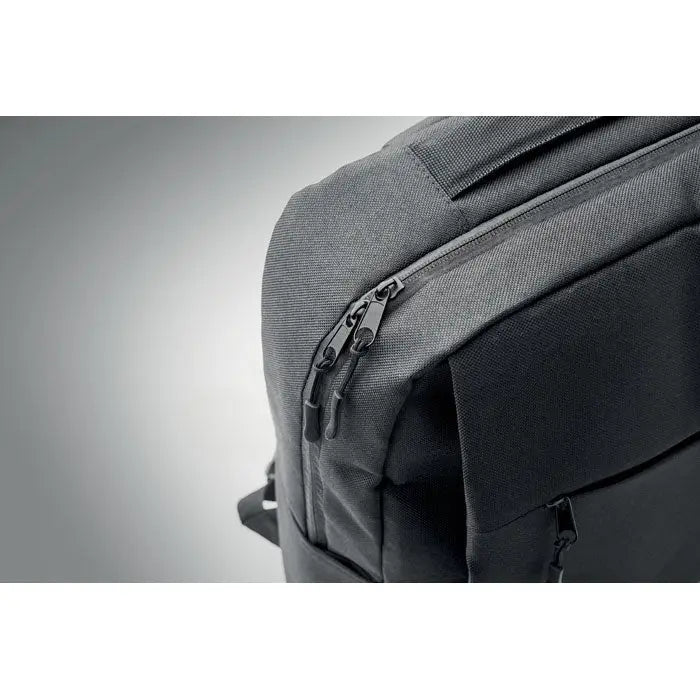 Rucsac subtire pentru laptop de 15 inchi din material texturat gri inchis cu fermoare si taburi negre