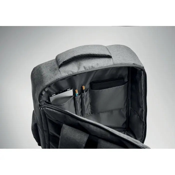 Rucsac subtire pentru laptop de 15 inchi gri cu textură, compartimente interne pentru pixuri și tabletă