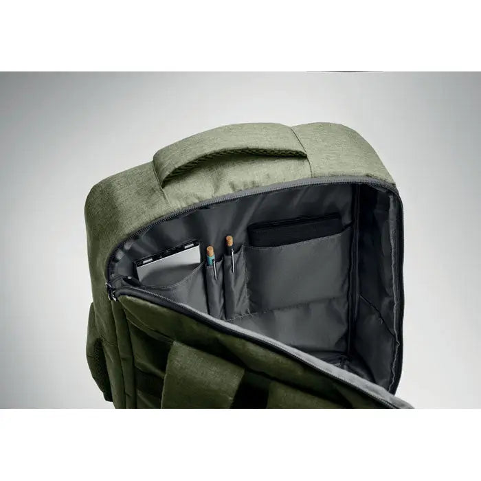 Rucsac subtire olive green pentru laptop de 15 inchi cu textura tesatura si compartimente organizate gri interior