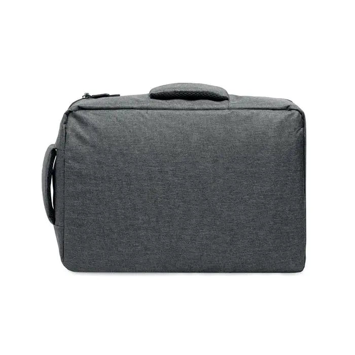 Rucsac subtire pentru laptop de 15 inchi din material texturat gri inchis cu maner superior si prindere laterala