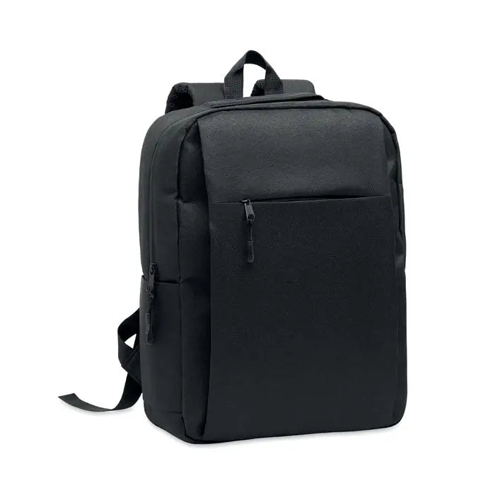 Rucsac subtire pentru laptop de 15 inchi din nylon negru cu design minimalist si buzunar frontal cu fermoar