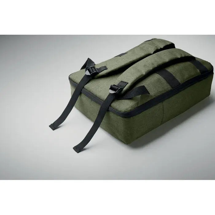 Rucsac subtire pentru laptop de 15 inchi din pânză verde măslinie cu bretele negre și catarame argintii