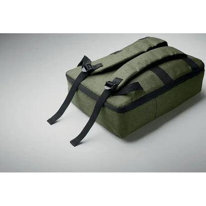 Rucsac subtire pentru laptop de 15 inchi din pânză verde măslinie cu bretele negre și catarame argintii