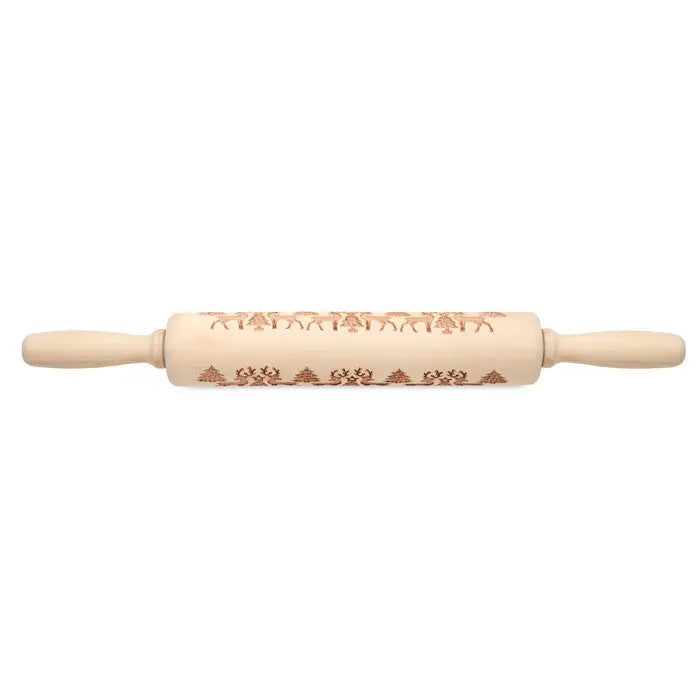 Rulare din lemn de patiserie de Craciun deschisa la culoare cu modele gravate cu reni si brazi de Craciun