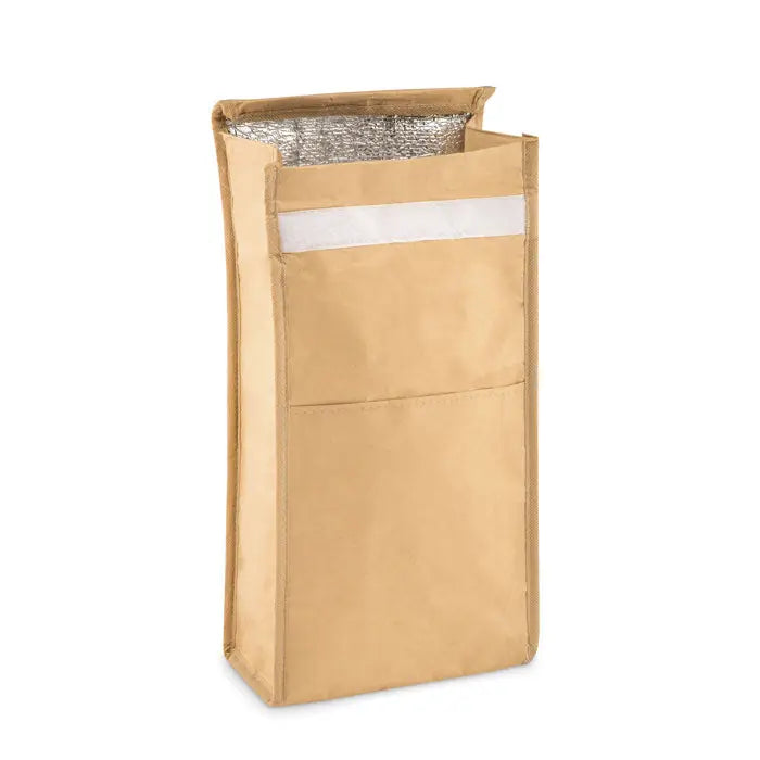 Sac de pranz din hartie tesata 3l, geanta izolata bej cu interior argintiu reflectorizant si dunga orizontala alba