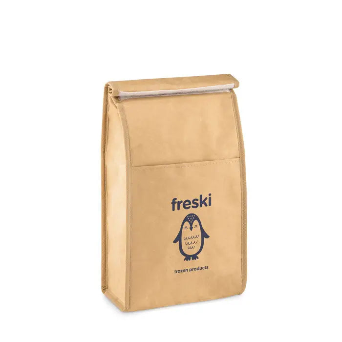 Sac de pranz din hartie tesata 3l cu izolare, culoare tan, logo pinguin negru si branding freski pentru produse congelate
