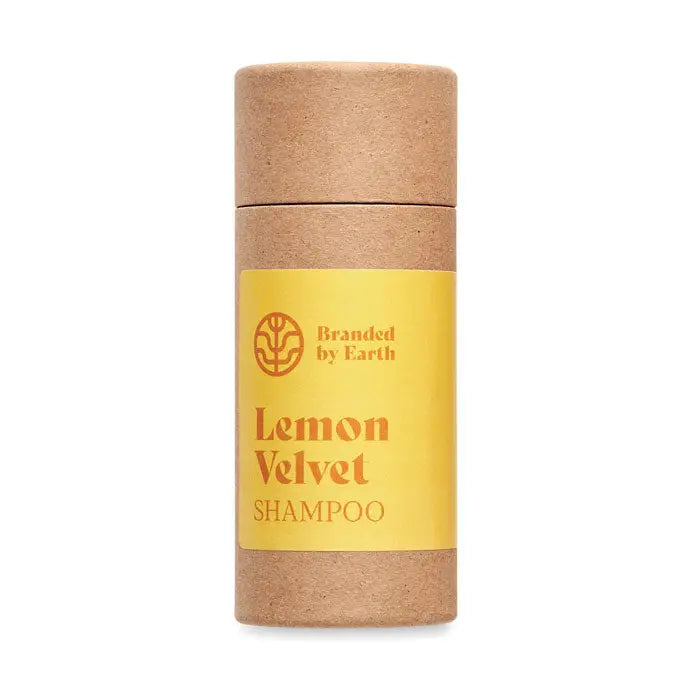 Sampon vegan unisex lemon velvet in tub cilindric maro din hartie kraft cu eticheta galbena vie