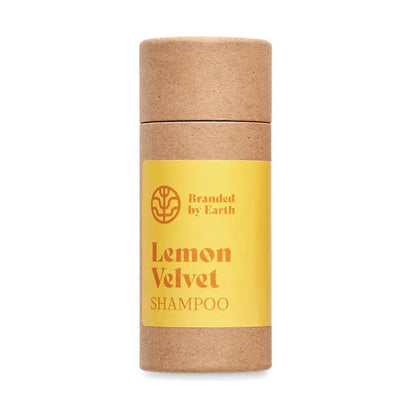 Sampon vegan unisex lemon velvet in tub cilindric maro din hartie kraft cu eticheta galbena vie
