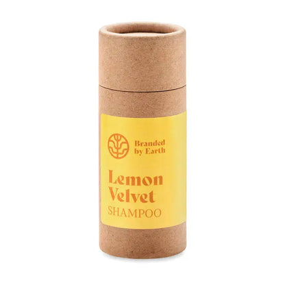 Sampon vegan unisex lemon velvet într-un tub cilindric din plută naturală cu etichetă galbenă aprinsă