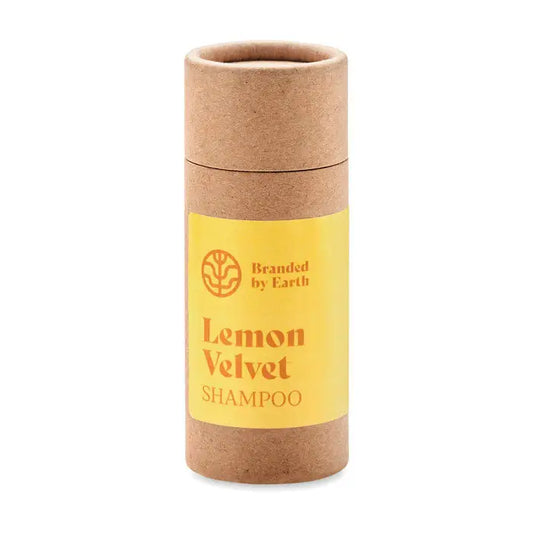Sampon vegan unisex lemon velvet într-un tub cilindric din plută naturală cu etichetă galbenă aprinsă