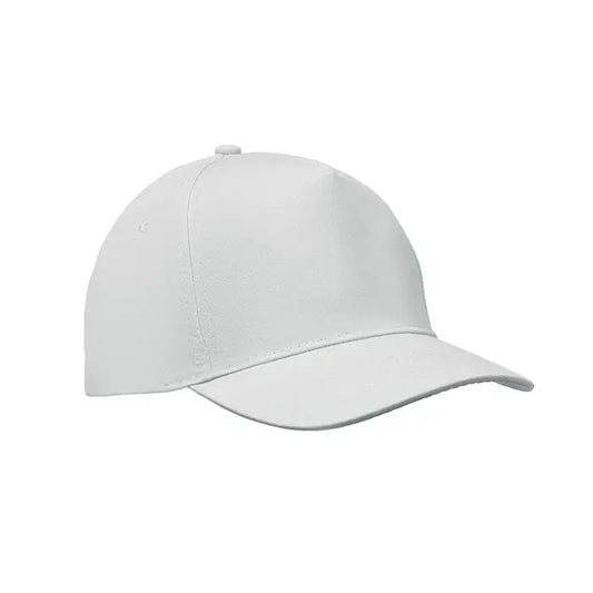 Sapca de baseball cu 5 panouri alba cu coroană structurat și cozoroc curbat din material neted