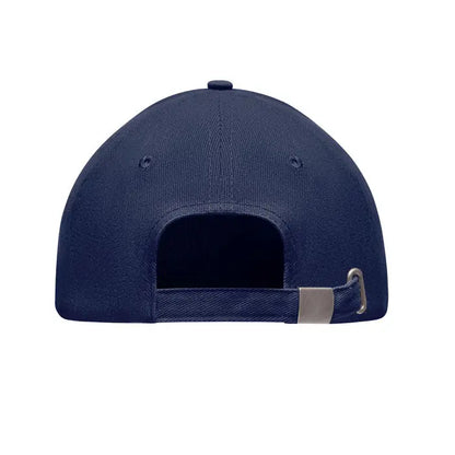 Sapca de baseball cu 5 panouri navy blue cu catarama argintie si curea ajustabila vazuta din spate