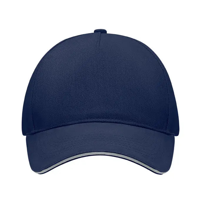 Sapca de baseball cu 5 panouri navy albastra cu bordura gri subtire pe cozoroc din material textil