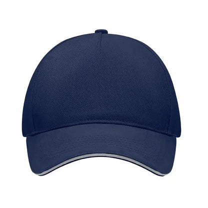 Sapca de baseball cu 5 panouri navy albastra cu bordura gri subtire pe cozoroc din material textil