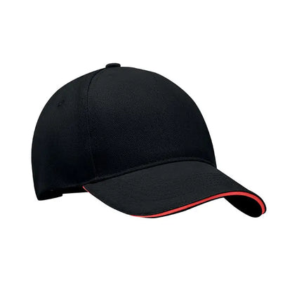 Sapca de baseball cu 5 panouri neagra cu margine rosie pe cozoroc pentru uz casual