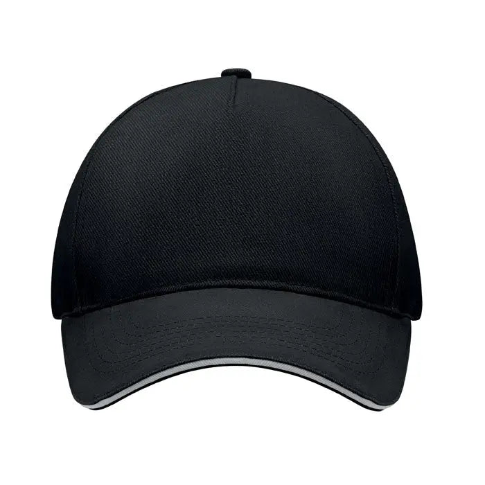 Sapca de baseball cu 5 panouri neagra cu trim gri subtil pe marginea cozorocului din material textil