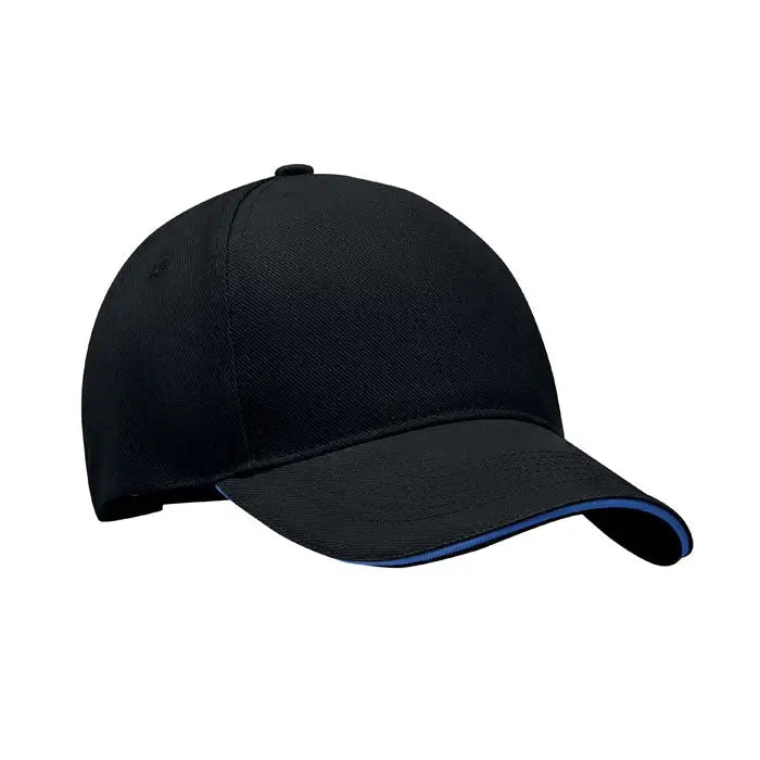 Sapca de baseball cu 5 panouri neagra cu margine subtire albastra pe cozoroc din material textil