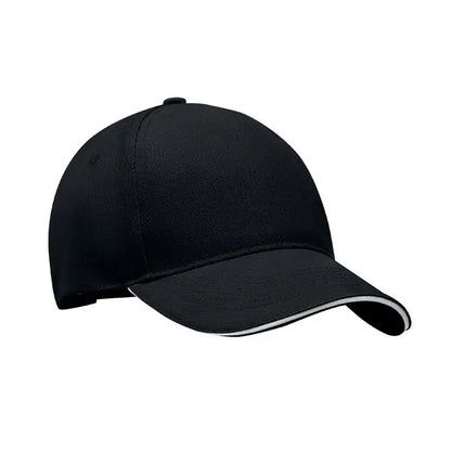 Sapca de baseball cu 5 panouri neagra cu detaliu alb subtil pe marginea cozorocului