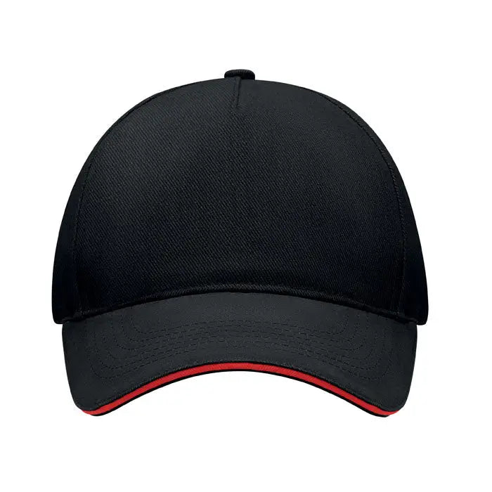 Sapca de baseball cu 5 panouri neagra cu finisaj discret rosu pe borul din material textil