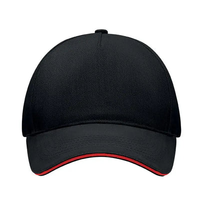Sapca de baseball cu 5 panouri neagra cu finisaj discret rosu pe borul din material textil