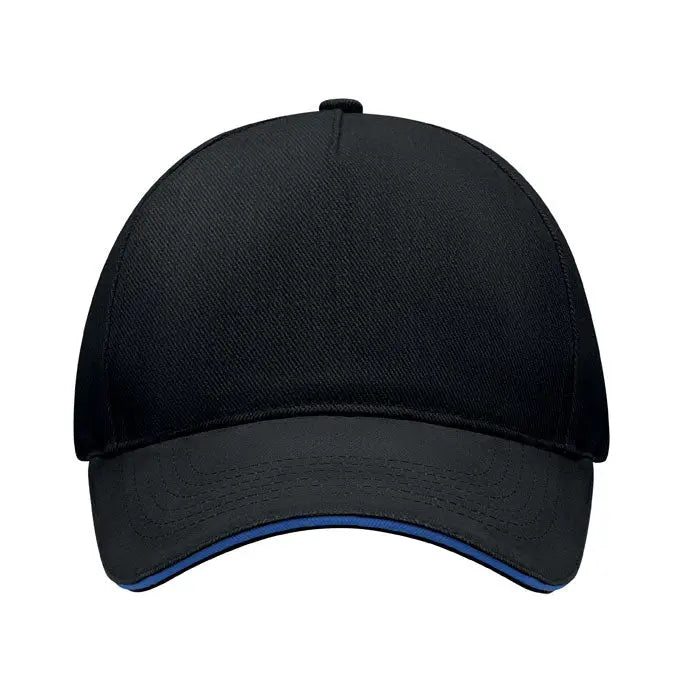Sapca de baseball cu 5 panouri neagra cu margine subtire albastra pe cozoroc din material textil