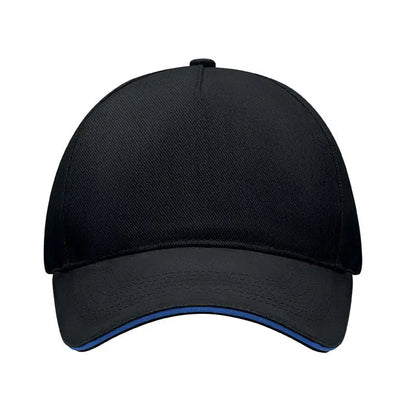 Sapca de baseball cu 5 panouri neagra cu margine subtire albastra pe cozoroc din material textil