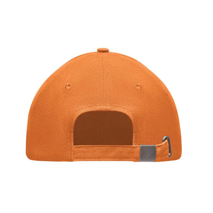 Sapca de baseball cu 5 panouri portocalie cu catarama metalica si curea din material textil vazuta din spate